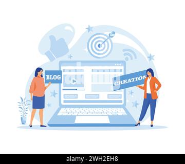 Woman Creating Web Page, Pasting Banner on Site, Planning Page Display. flat vector modern illustration Stock Vector