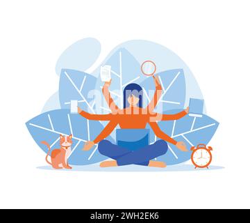 Vector illustration with young woman doing yoga at cozy home with