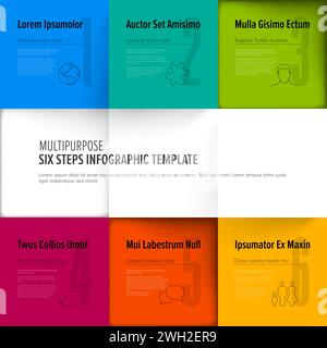 Multipurpose mosaic six steps infographic made from colorful content squares with icons numbers and texts. Six square content blocks template. Stock Vector