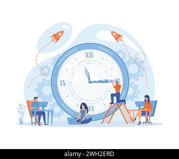 Time management, control. Businessman run along gear in form of clock. Organization of process. flat vector modern illustration Stock Vector