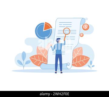 A man looks through a magnifying glass at a bill, check or invoice. flat vector modern illustration Stock Vector