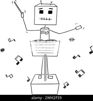 Robot Conductor Leading Orchestra, Vector Cartoon Stick Figure Illustration Stock Vector