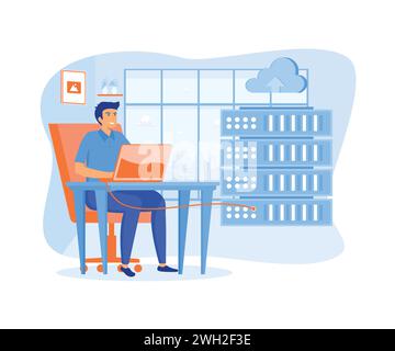 Data server web concept. Technician works in server room racks. Cloud storage technology, database. flat vector modern illustration Stock Vector