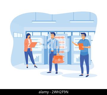Businessman in data center room. Data network management. Hosting server and computer database concept. flat vector modern illustration Stock Vector