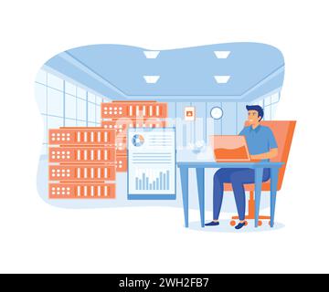Human engineers maintain server rooms and control hardware performance in dashboards. flat vector modern illustration Stock Vector