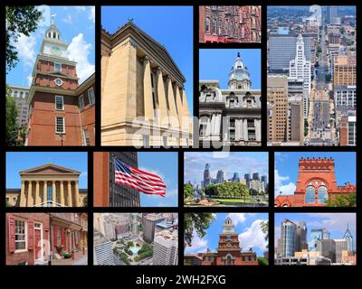 Philadelphia landmarks collage with skylines, Independence Hall, City Hall and Penn State University. Stock Photo