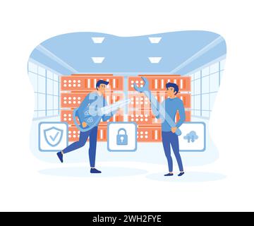 Server security concept, Showing the server is being maintained by a network administrator.flat vector modern illustration Stock Vector