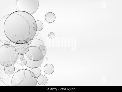Abstract background featuring a collection of variously sized transparent circles overlaid on a white gradient backdrop, creating a minimalist and mod Stock Vector