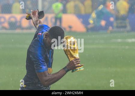 Paul Pogba of France celebrates with the trophy during the FIFA World Cup 2018 Final match between France and Croatia at Luzhniki Stadium. Final score: France 4:2 Croatia. (Photo by Grzegorz Wajda / SOPA Images/Sipa USA) Stock Photo