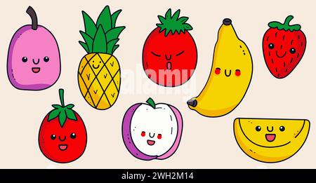 Set of cartoon fruits, berries and vegetables in flat style. Cute doodle food isolated on beige background. Collection of banana, strawberry, paper Stock Vector
