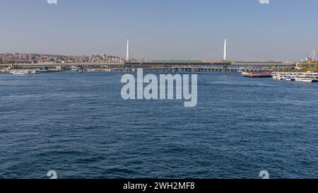 Metro Train Suspension Bridge Over Golden Horn in Istanbul Turkey Sunny Autumn Day Stock Photo