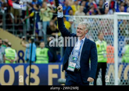 Coach Didier Deschamps of France celebrates winning the victory during the FIFA World Cup 2018 Final match between France and Croatia at Luzhniki Stadium. Final score: France 4:2 Croatia. Stock Photo