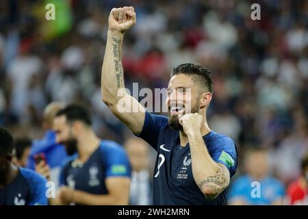 Olivier Giroud of France celebrates winning the victory during the FIFA World Cup 2018 Final match between France and Croatia at Luzhniki Stadium. Final score: France 4:2 Croatia. Stock Photo