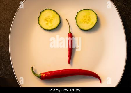 Frowning sad face arranged on a plate with red chili peppers and slices of snake cucumber. Stock Photo