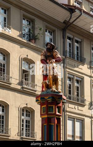 Fountain statue of Samson killing lion. Samsonbrunnen,Samson and lion