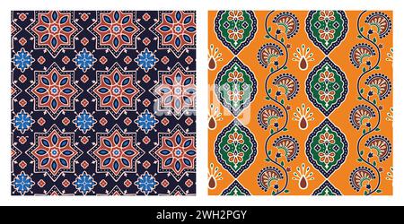 Vector Set of seamless patterns in ajrakh style Stock Vector