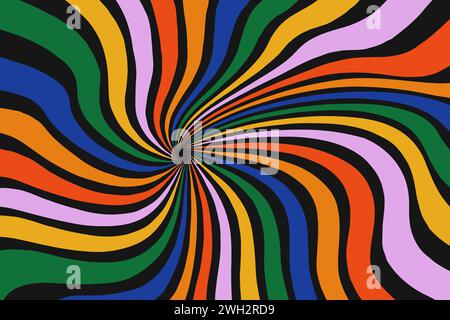 Psychedelic distorted twisted colorful ray pattern on black background. Groovy abstract design in 60-70s style. Retro sunburst backdrop Stock Vector
