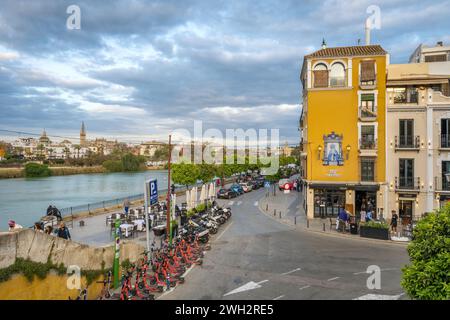 Seville waterfront along Guadalquivir river, Andalusia, Spain Stock Photo