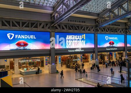 Advertising for FanDuel, online sports gambling, in the Moynihan Train Hall of Pennsylvania Station in New York on Tuesday, January 30, 2024, prior to the Super Bowl. FanDuel is a brand of Flutter Entertainment, formerly formerly Paddy Power Betfair plc. (© Richard B. Levine) Stock Photo