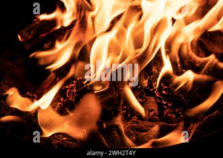 Cooking on a cauldron on a fire. Flames of fire in the dark. Stock Photo