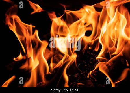 Cooking on a cauldron on a fire. Flames of fire in the dark. Stock Photo