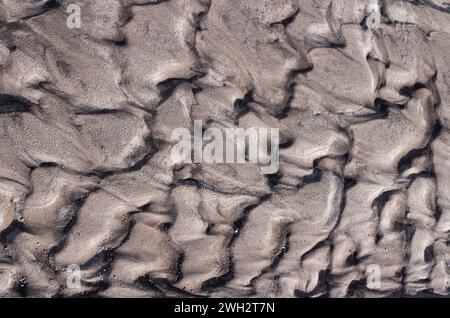 Sand texture. Curved sandy surface formed by water. Sand after rain. Sandy texture for design. Stock Photo