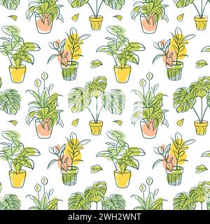 Ficus, Syngonium, Monstera, Spathiphyllum. seamless pattern. Exotic plant in a pot. Home floriculture, house plants, hobby. Botanical illustration in Stock Vector