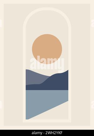 Seaside and mountains landscape illustration poster. Minimalistic modern vector cartoon water view. Trendy contemporary design. Wall art decor. Stock Vector
