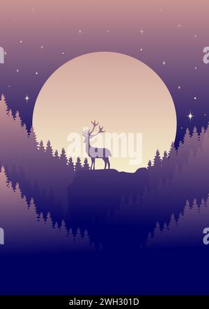 Silhouette of deer standing on the cliff in night forest. Magical misty landscape, full moon with stars Stock Vector