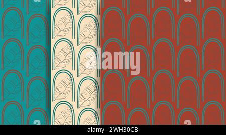 Colorful pattern with abstract elements and leaves. Linear vector illustration set with arches. Stock Vector
