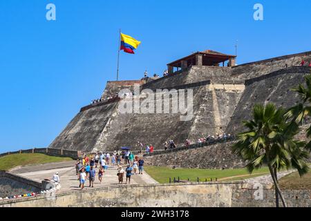 Cartagena, Colombia - 24 January 2024: People waling up and down the path to San Felipe de Barajas Castle in Cartagena. Stock Photo