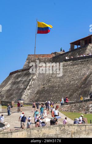 Cartagena, Colombia - 24 January 2024: People walking up and down the path to San Felipe de Barajas Castle in Cartagena. Stock Photo