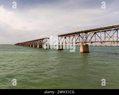 Aerial view of Bahia Honda Rail Bridge on a sunny day. The Bahia Honda Rail Bridge is a derelict railroad bridge in the lower Florida Keys connecting Stock Photo