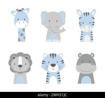 Set with safari animals giraffe elephant tiger lion zebra hippo nursery vector illustration Stock Vector