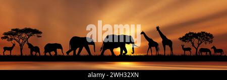 Silhouettes of wild animals of the African savannah on the shore of a lake, against the backdrop of trees and the sun. Stock Vector