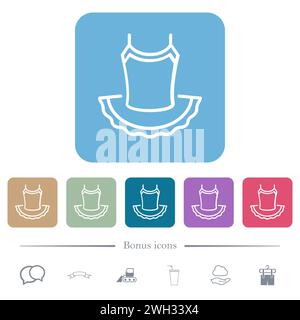 Ballet dress outline white flat icons on color rounded square backgrounds. 6 bonus icons included Stock Vector