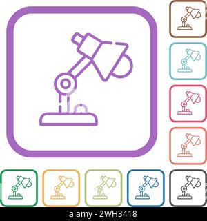 Desk lamp outline simple icons in color rounded square frames on white background Stock Vector