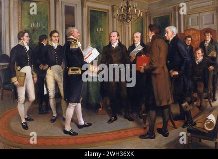 Treaty of Ghent. The Signing of the Treaty of Ghent, Christmas Eve, 1814 by Amédée Forestier, oil on canvas, 1914. The Treaty of Ghent was the peace treaty that ended the War of 1812 between the United States and the United Kingdom.   The leading British delegate Lord Gambier is shaking hands with the American leader John Quincy Adams. The British Undersecretary of State for War and the Colonies, Henry Goulburn, is carrying a red folder. Stock Photo