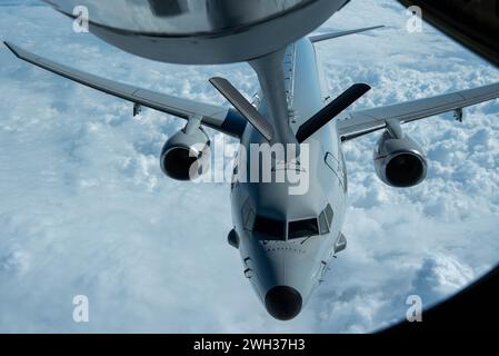 A U.S. Navy P-8 Poseidon approaches a U.S. Air Force KC-135 to refuel over the Pacific Ocean, Feb. 1, 2024. Photo by Melany Bermudez Stock Photo