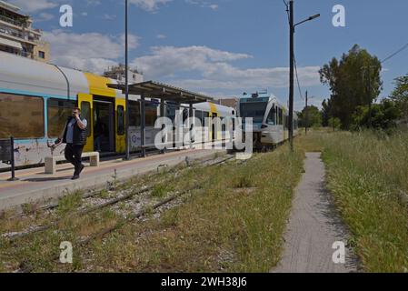 Passengers changing trains at the Hellenic Trains Agios Andreas railway station, Patras, Greece, May 2023 Stock Photo