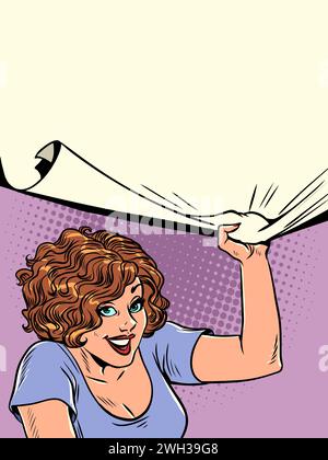 Announcement of upcoming events and activities on site. Distribution of promotions in a store or website. A woman pulls down a blank advertisement she Stock Vector