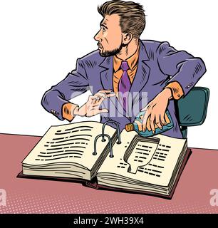 Drinking alcohol at work. Hide your preferences from others. A man in a suit hides a bottle in a book. Pop Art Retro Vector Illustration Kitsch Vintag Stock Vector