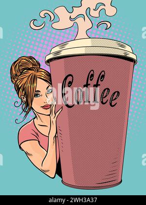 Seasonal advantageous offer from a coffee shop. The girl looks out to the left of the cup of coffee. A hot drink to warm you up. Pop Art Retro Vector Stock Vector