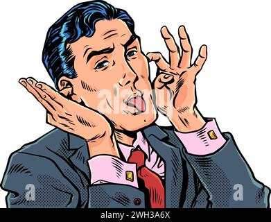 A man in a suit grimaces and sticks out his tongue. Making fun of colleagues in the company. Irresponsible worker at work. Pop Art Retro Vector Illust Stock Vector