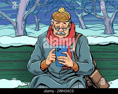 An elderly man with glasses looks at his phone on a bench in winter. Special New Year's offers for the elderly. News feeds for everyone at any time of Stock Vector