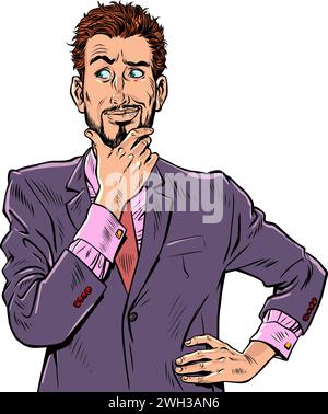 A guy in a purple suit is thinking about a problem. Come up with an interesting solution to the situation. Emotional expression of a person's face. Po Stock Vector