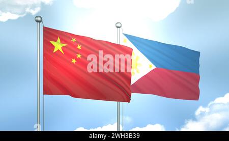 3D Flag of China and Philippines on Blue Sky with Sun Shine Stock Photo