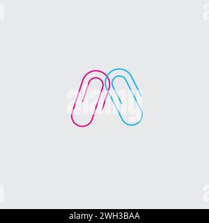 Two Linear color paper clips, school office paper tool. Attachment icon. Stock vector illustration isolated Stock Vector