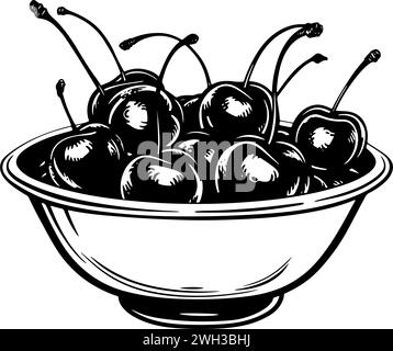 A line drawing black and white ink sketch of a bowl of cherries Stock Vector