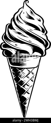 A line drawing black and white ink sketch of an ice-cream cone Stock Vector